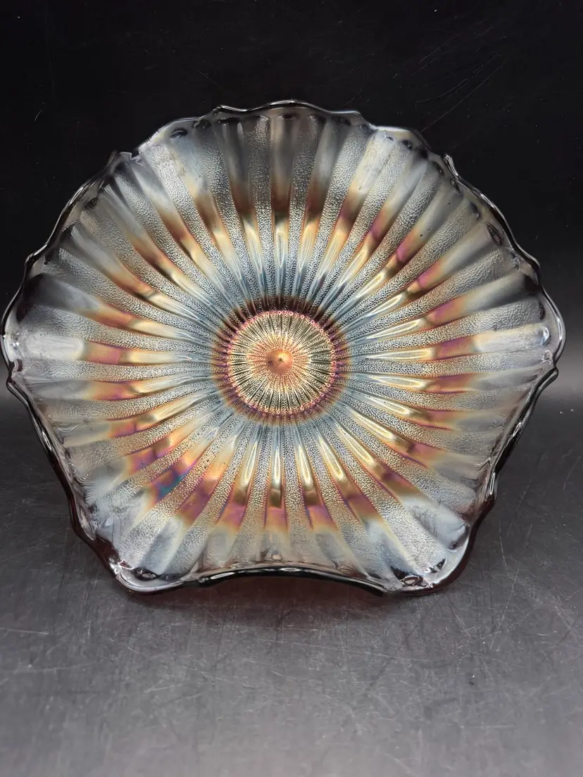 Vintage Amethyst Marigold Iridescent Rippled Edge Bowl Large 10.5”