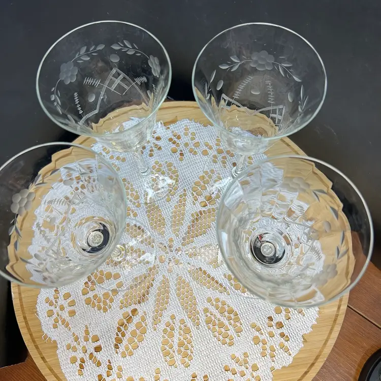 Set Of Four Elegant Etched Wine Goblets