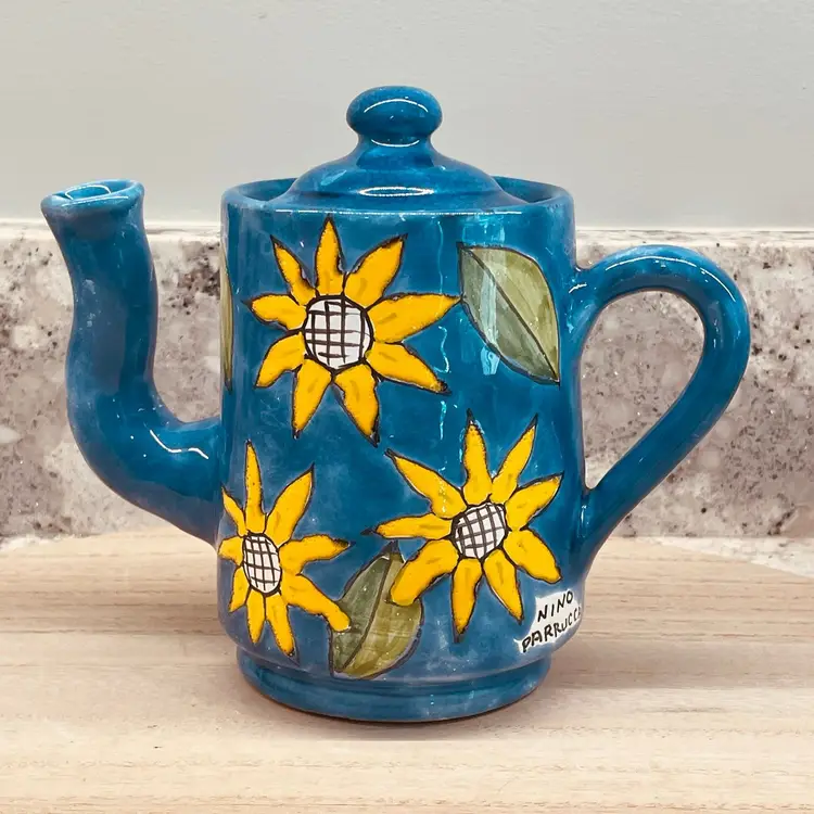 Hand Painted Nino Parrucca Teapot Bent Spout Italy Yellow Sunflowers Art Pottery