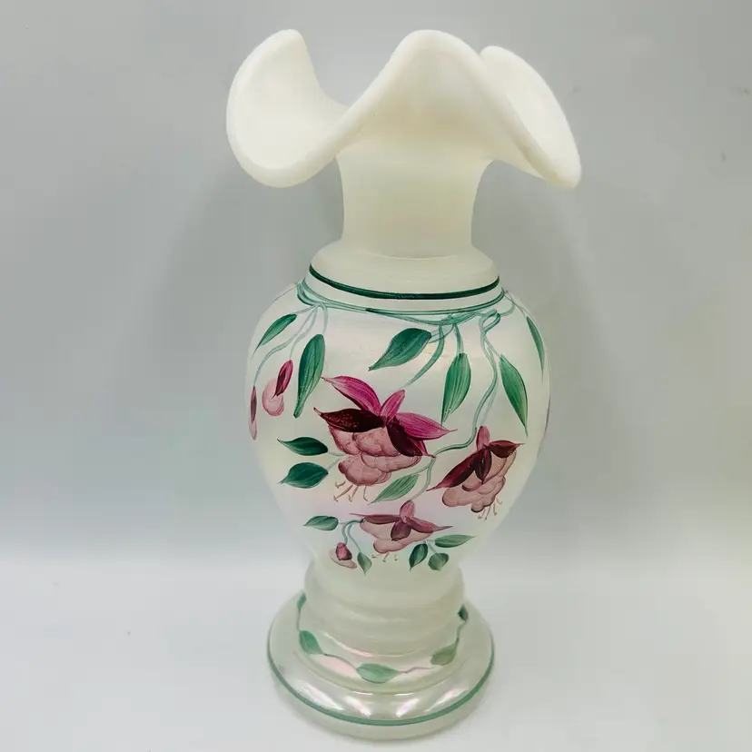 Bill Fenton Iridescent White Glass Hand Painted Vase LOW START
