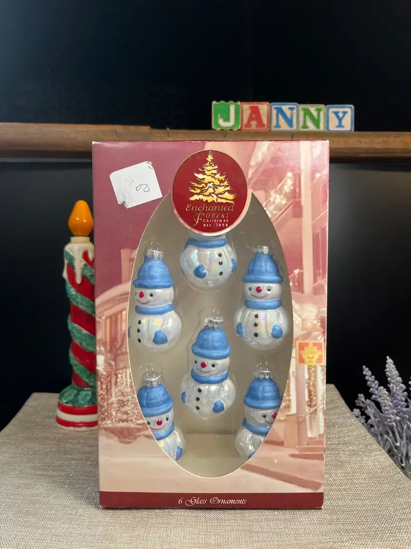 NIB Enchanted Forest-Menards-Vintage Glass Snowmen Ornaments-6