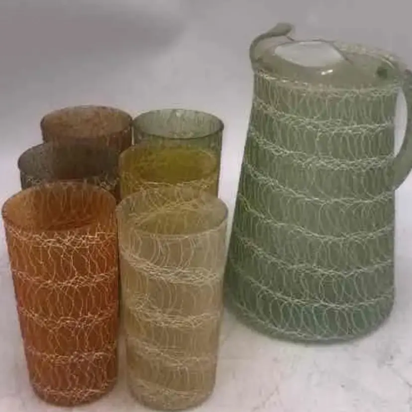 Colorful Spaghetti Glassware Set: Retro Pitcher and Matching Glasses