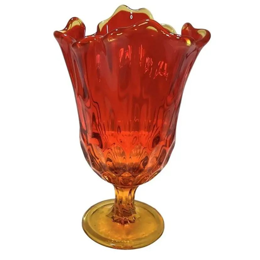 Vtg Fenton Art Glass Vase Thumbprint Amberina Hankerchief Swung w/ Pedestal