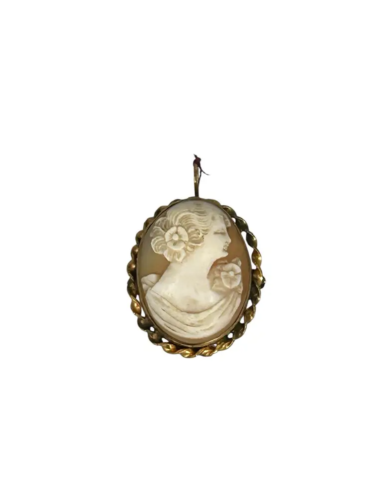 Vintage Carved Shell Cameo Pendant Brooch in 12K Gold Filled — Lady Portrait Floral Design, Convertible Pin Pendant