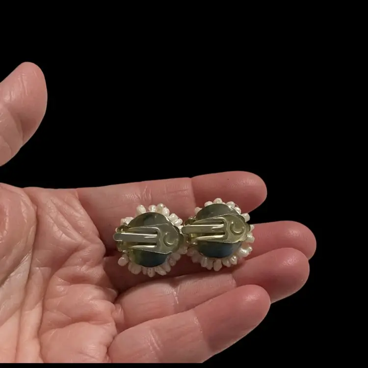 Vintage Silverstone  Off White Round Cluster Seed Beaded  Pearls ~ Clip Earrings.