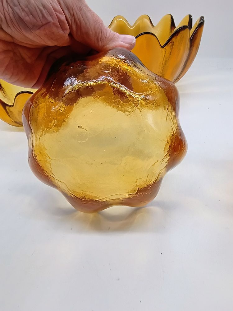 Vintage Blenko Lotus Salad Bowl Master and 4 Individual Honey Amber