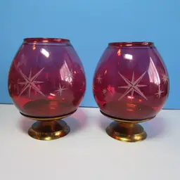 set of 2 vintage MCM starburst red glass candle holders Christmas decor been glued to base