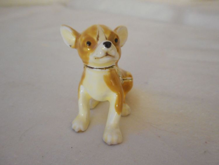 Chihuahua Dog Pewter Enamel Bejeweled Hinged Miniature Trinket Box EUC #2