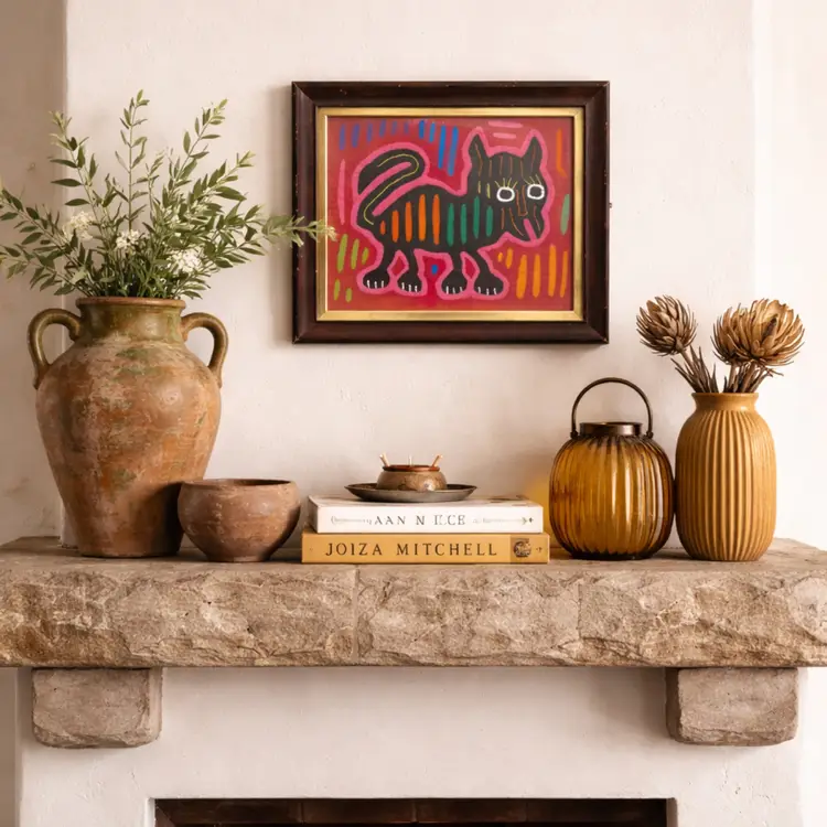 002. Amazing Mola Textile Framed Cat Art Work By Guna People Panama