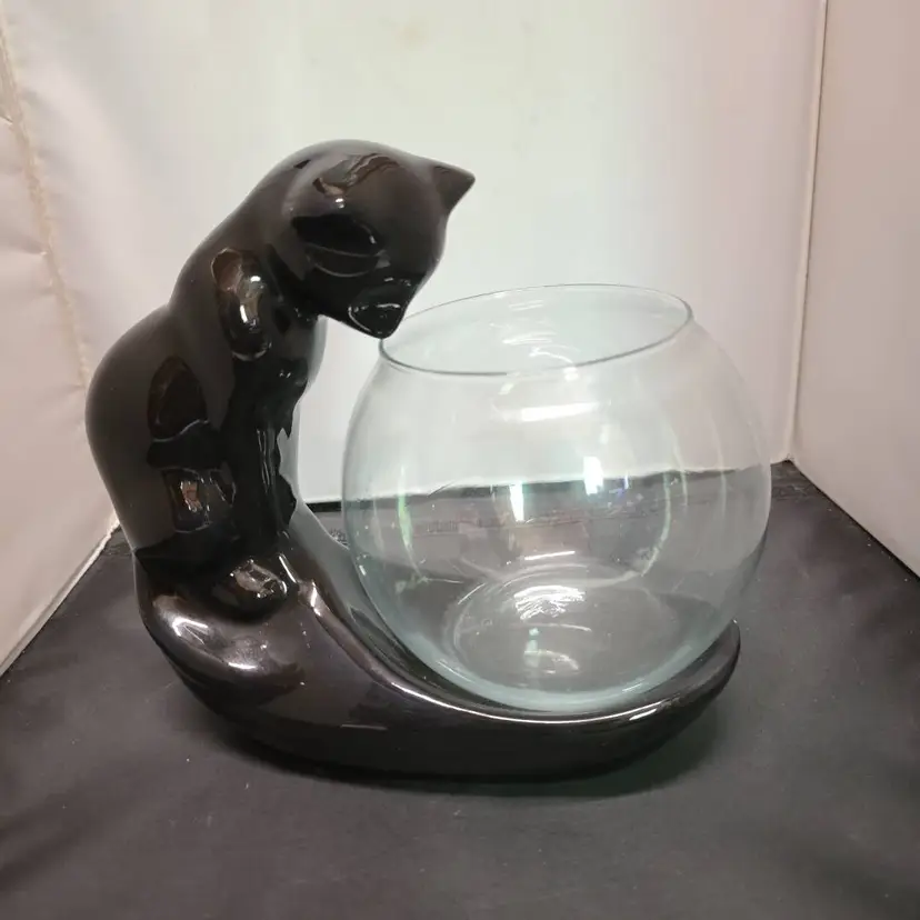 Vintage Haeger Style Black Cat Ceramic Fish Bowl Holder Trinket Dish Statue