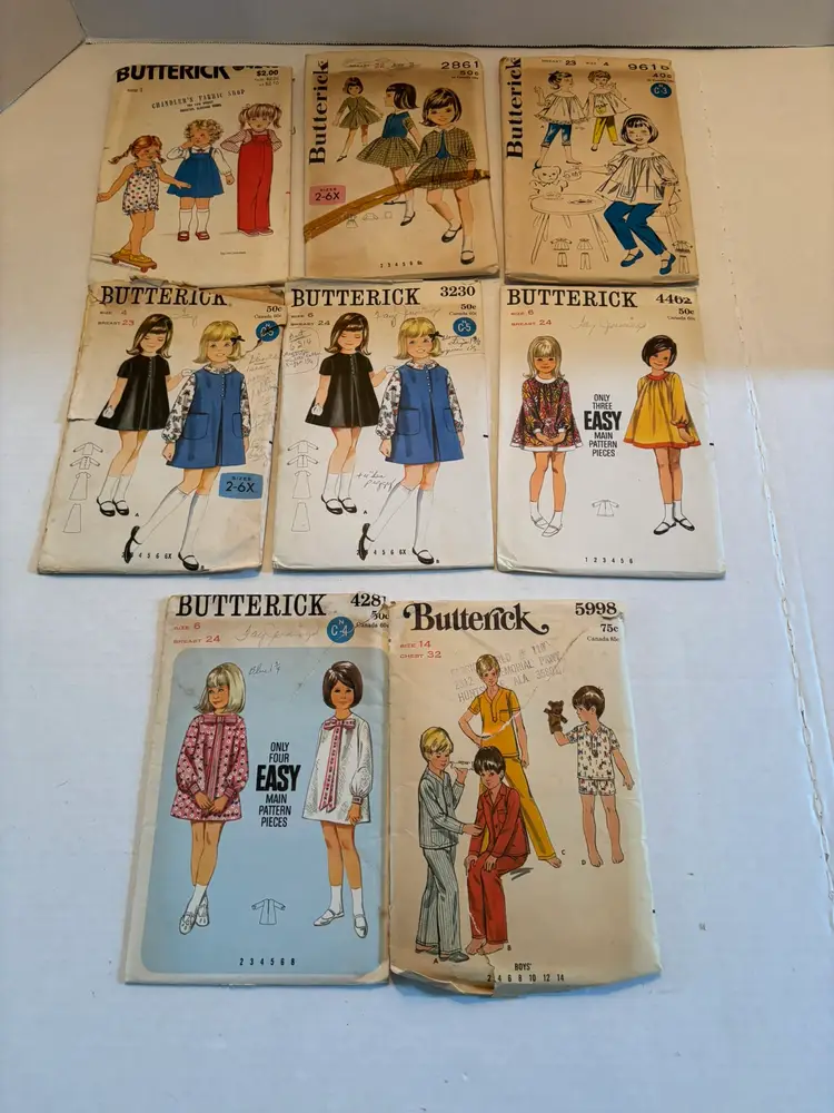 Vintage Lot of 8 Butterick Sewing Patterns Childs Boys & Girls from 1960-1970