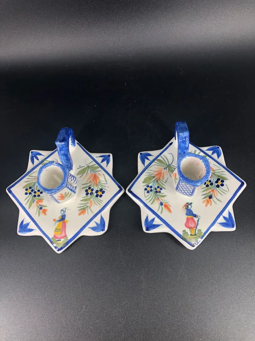 Vintage Pottery Henriot  Quimper Hand-painted French Candle Stick Holders