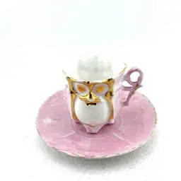 Vintage Owl Demitasse Cup And Saucer - Pink With Gold Trim Porcelain 2” Tall x 2.25” Wide Saucer 3.75” Wide
