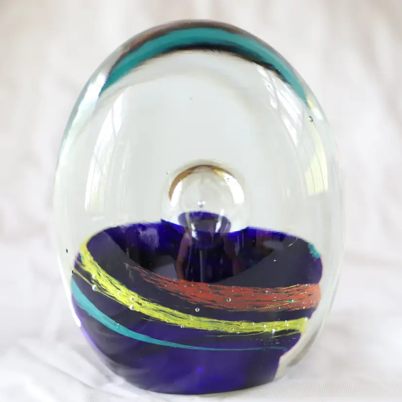 Art Glass Paperweight Blue Swirl (MS) Unsigned China 3" x 3"