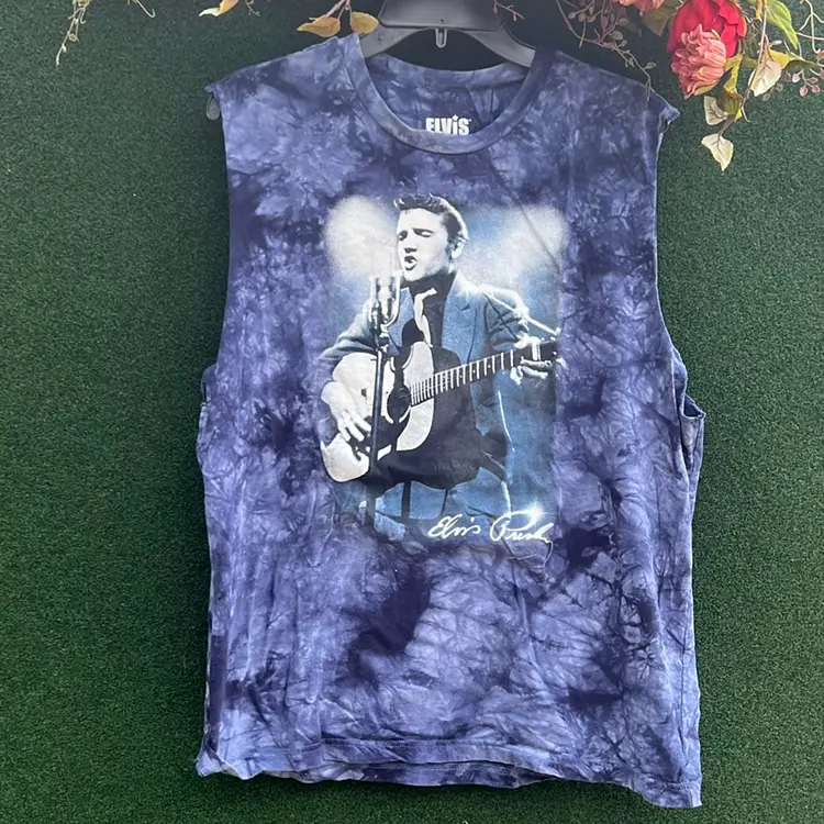 Two-Tone, Blue Tie-Dye, Elvis Presley Sleeveless Shirt. Size Extra Large.