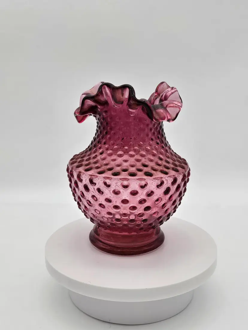 Vintage Kanawha Cranberry Hobnail Ruffled Vase Pink Purple Mid-Century Modern