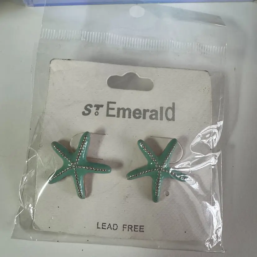 NEW! Post Back Pierced Starfish Earrings About 1” Gold Tone Metal Teal Enamel