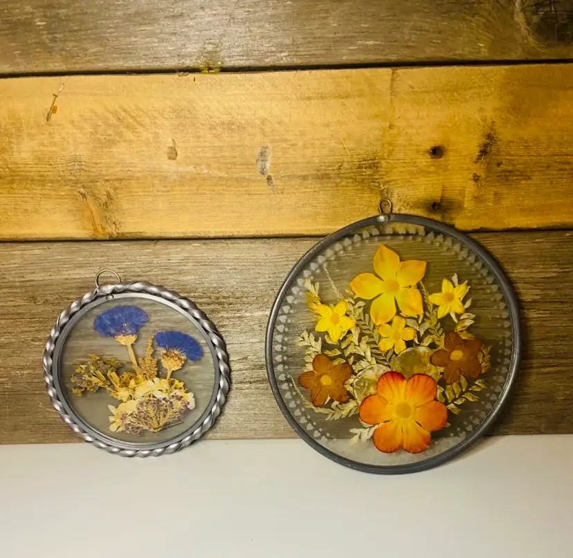 Dried Pressed Flowers in Round Glass & Pewter Frames Set of 2 CottageCore Rustic Shabby Chic Botanical