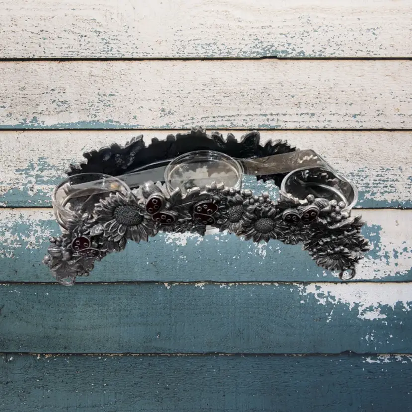 Vintage Pewter Metal Trio Ladybug Bridge Enamel Tealight Holder Table Top Decor Spring Summer