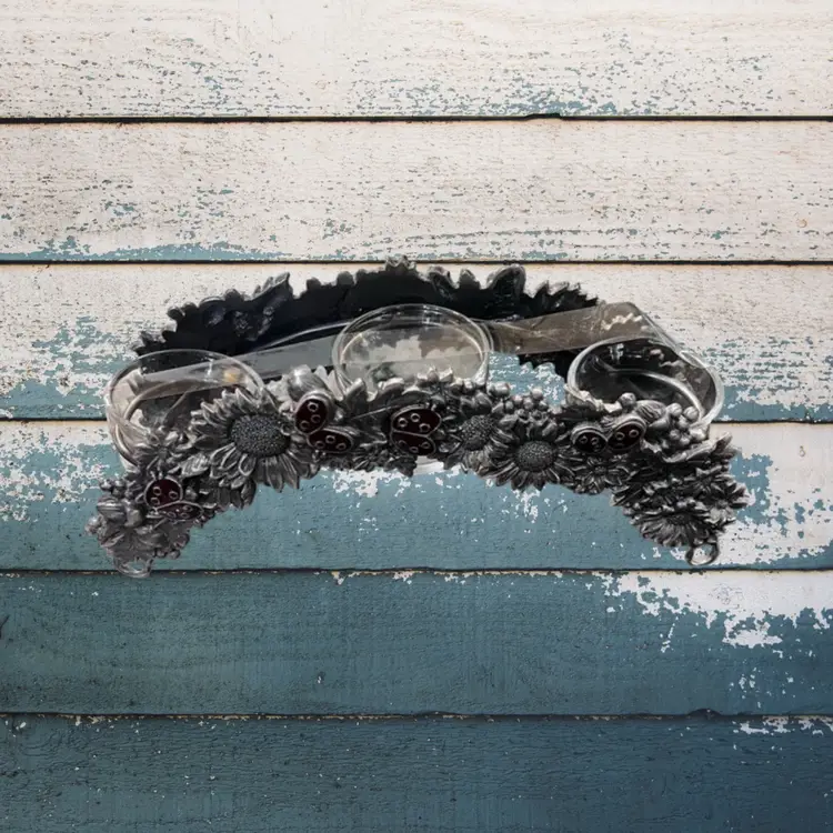 Vintage Pewter Metal Trio Ladybug Bridge Enamel Tealight Holder Table Top Decor Spring Summer