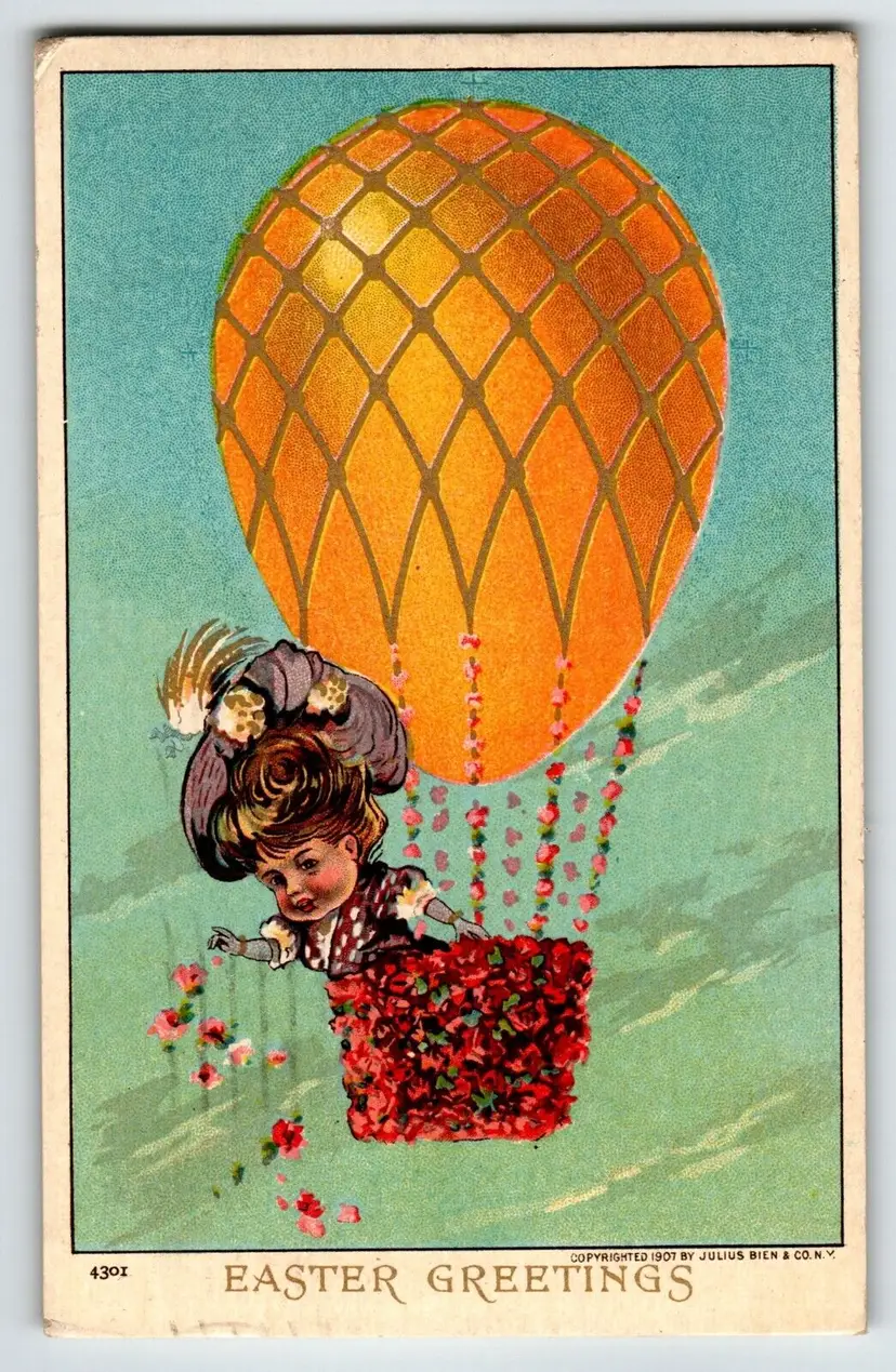 Easter Postcard Big Hat Victorian Lady In Hot Air Balloon Julius Bien Series 430