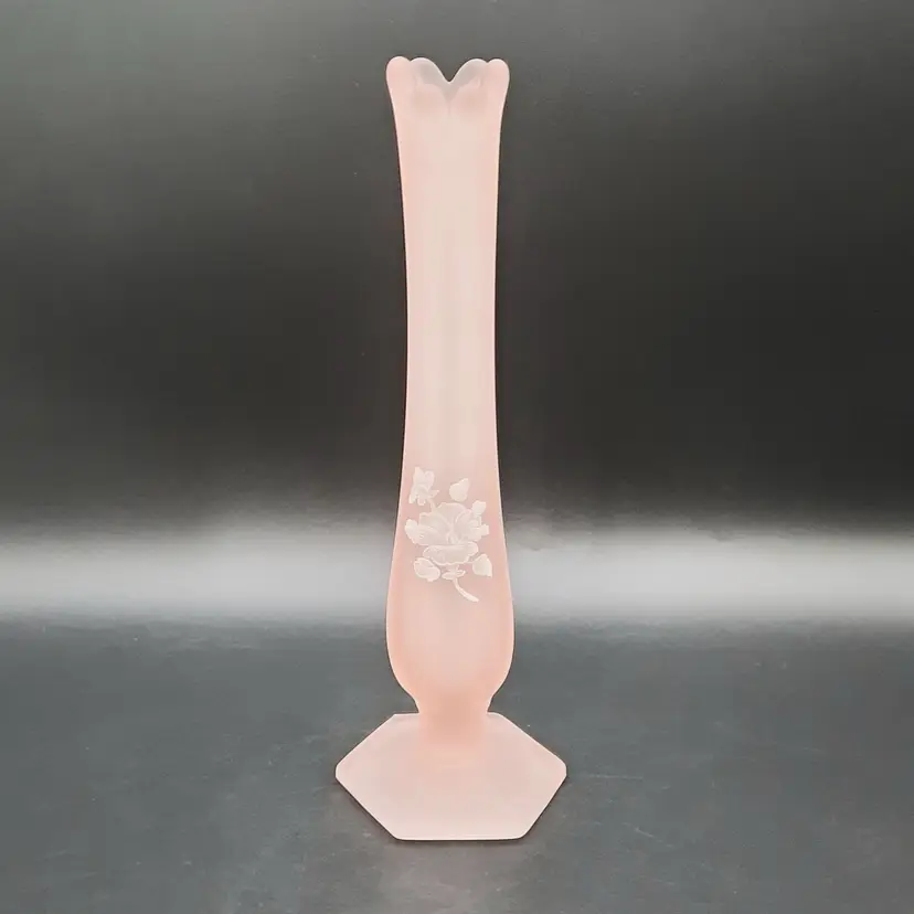 Westmoreland Pink Satin Glass Swung Bud Vase with White Floral Design
