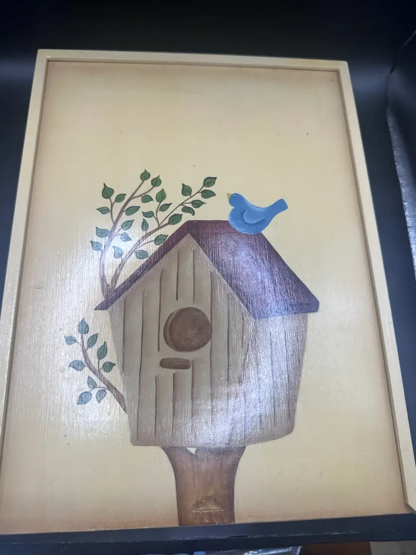 Primitive Hand Painted Wooden Birdhouse Bluebird Memory Box SIGNED