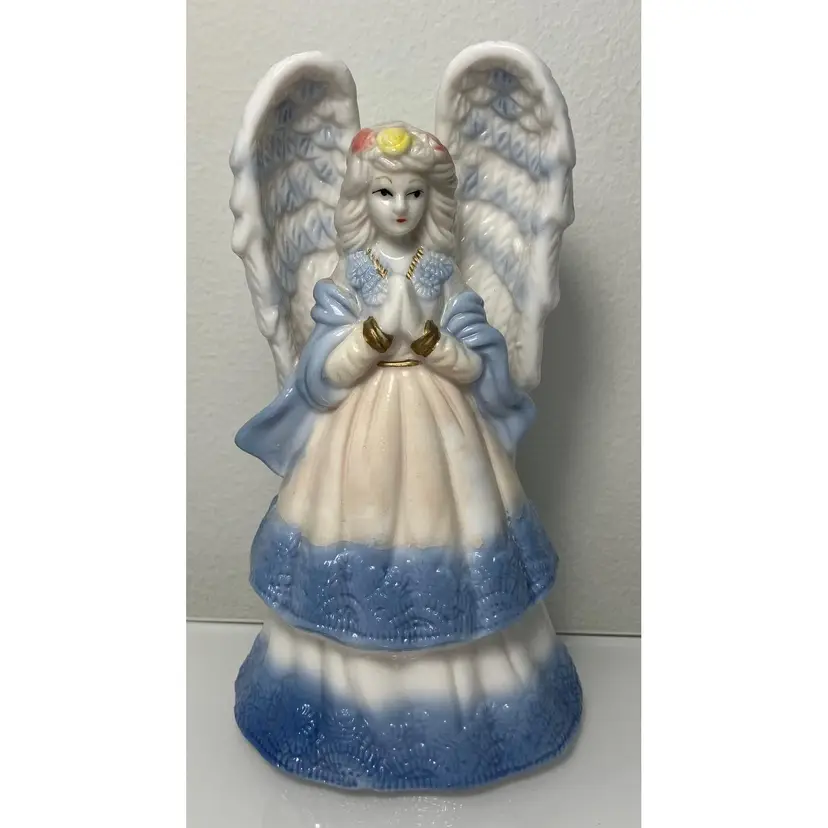 Porcelain Angel Bell Figure Figurine 5.5" White Blue Wings
