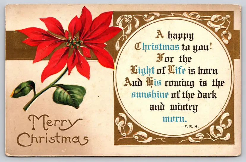 Postcard Merry Christmas Poem Poetry FRH Poinsettia Embossed - 14526