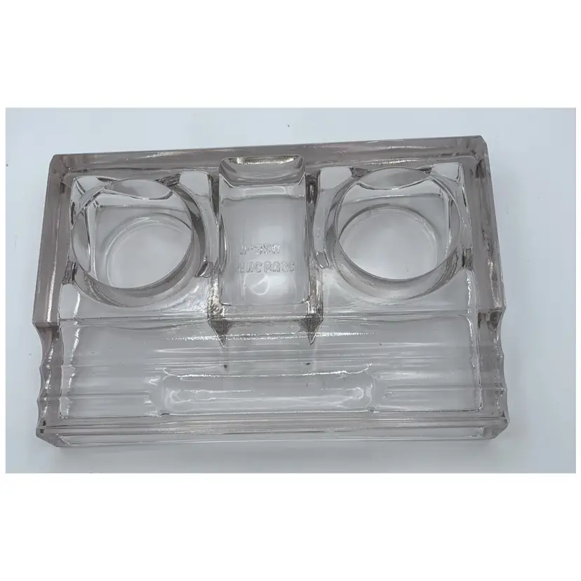 VTG Glass Double Ink Well Desk Caddy. Approx. 8.5 X 5.25”