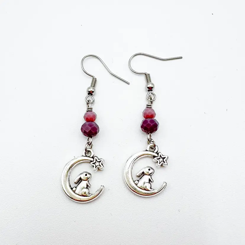 Bunny on Moon Earrings Purple Bead Accent Silver Tone Handmade B25