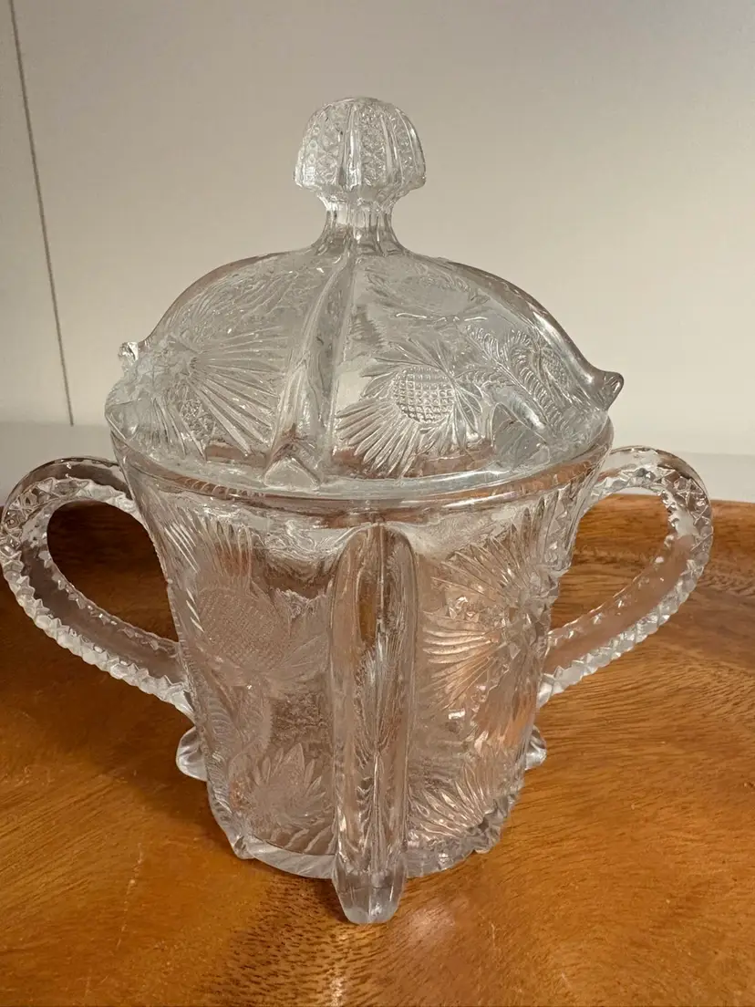 John B. Higbee covered sugar bowl in the "Paneled Thistle" pattern