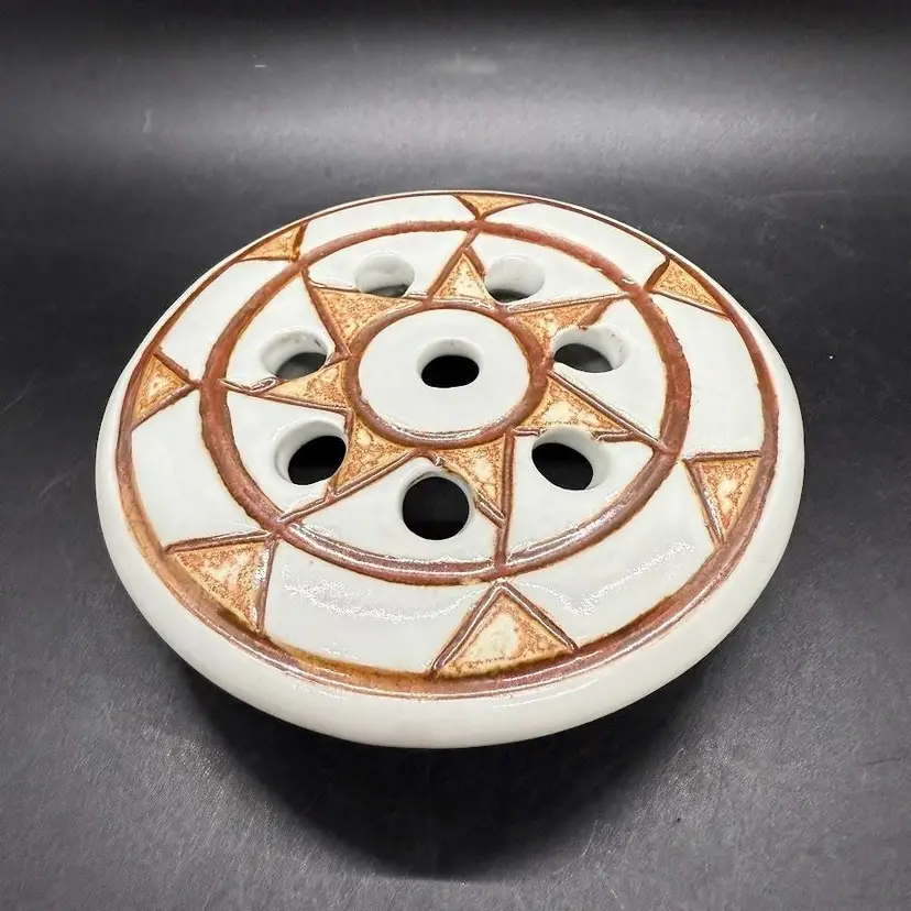 Studio Art Pottery Flower Frog 8-hole Geometric Artist Signed 4.75" W/ Lip