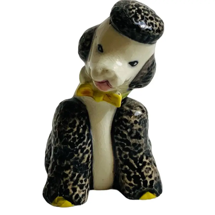 Lone Replacement S&P Shaker White And Black Poodle Wearing A Yellow Bow Tie, A Lime Green Collar, And Matching Yellow Shoes Vintage 4” Excellent Condition Poodle Anthropomorphic Dog