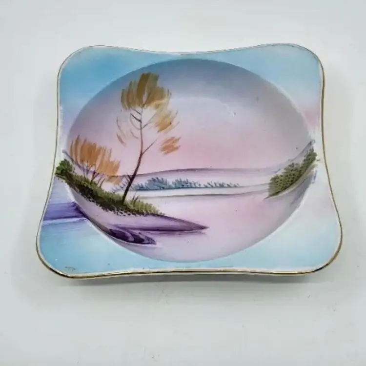 Vintage Meito China Hand-Painted Landscape Sunset Dish Japan Purple Pink Blue