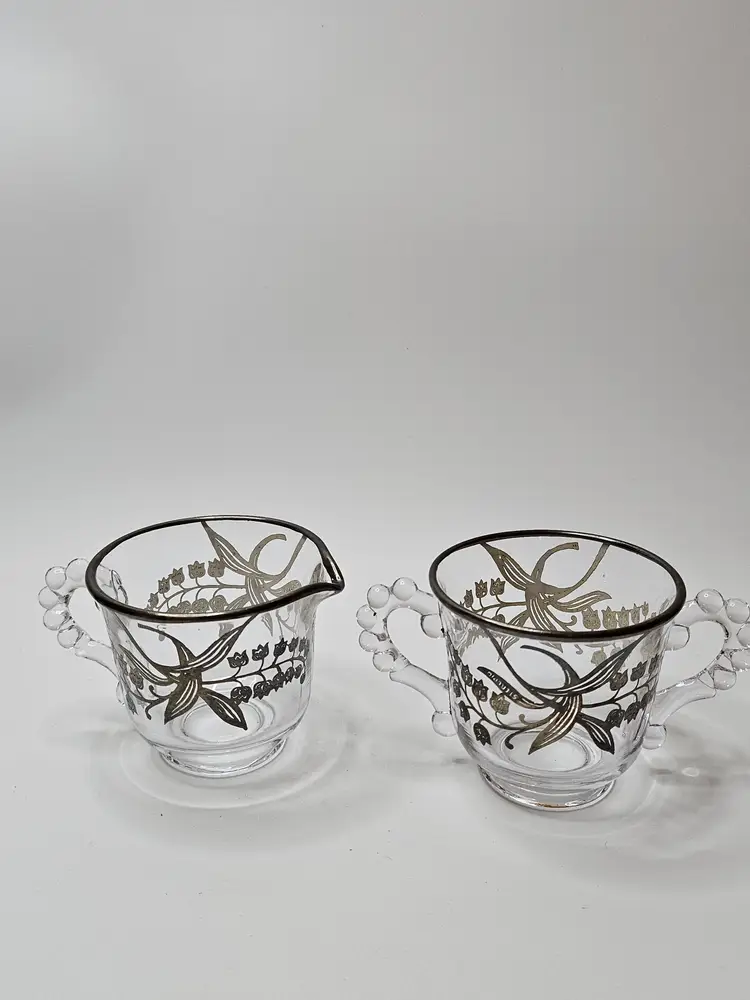 Vtg Candlewick Imperial Glass Open Sugar And Creamer Set Sterling Silver Overlay