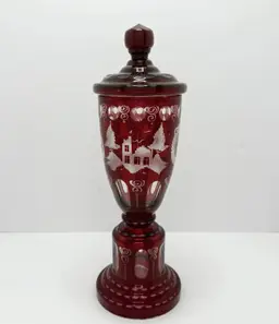 Bohemian Crystal Hand-Cut (Ruby Red To Clear) Jar with Lid 15 1/2" Tall