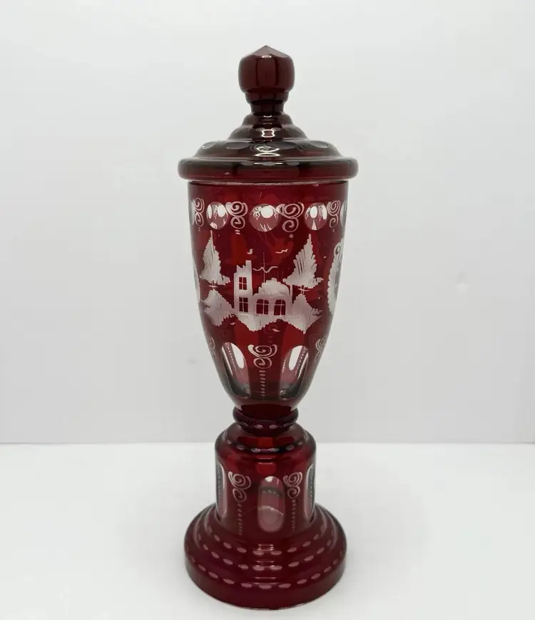 Bohemian Crystal Hand-Cut (Ruby Red To Clear) Jar with Lid 15 1/2" Tall