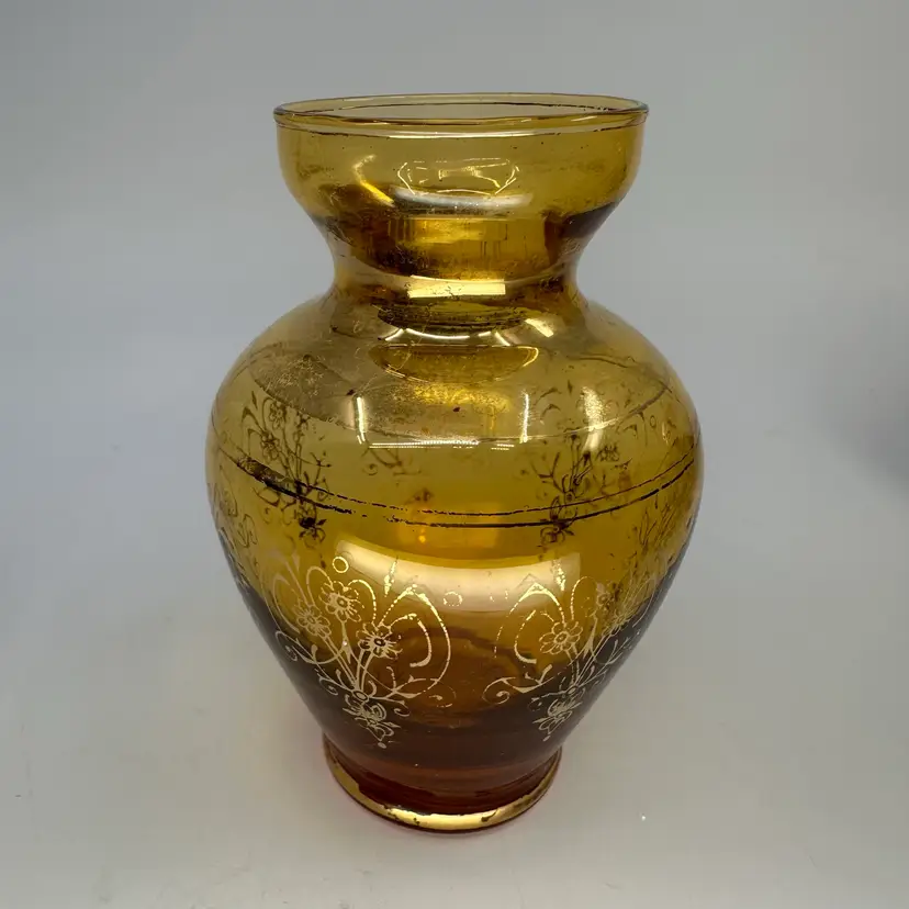 Vintage Vecchia Murano Amber Glass Small Vase w/ 24K Gold Trim