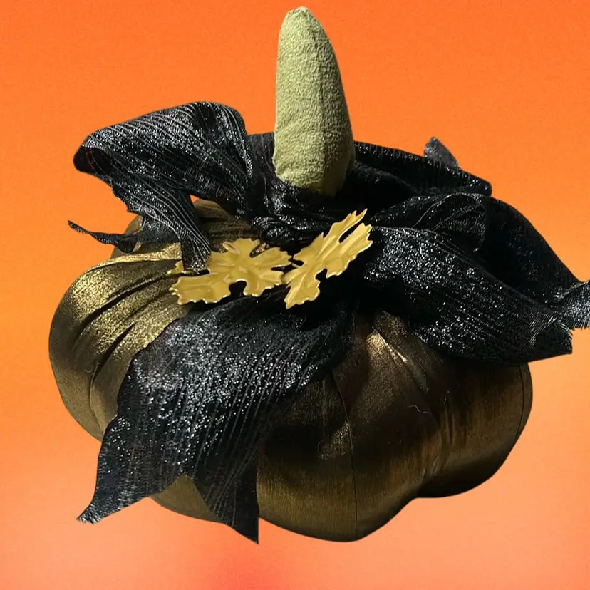 green satin and gold pumpkin with black ribbon 9" x 9"