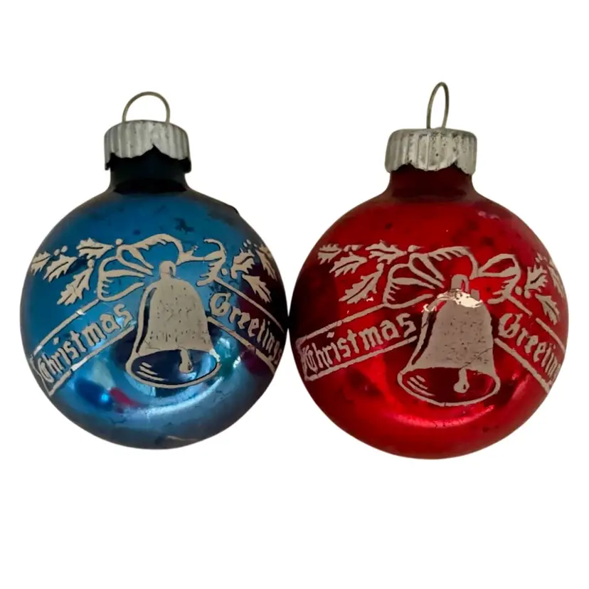 VTG Shiny Brite Red & Blue Christmas Greetings Stenciled Glass Ornaments