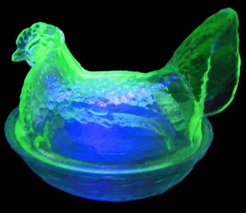 Rare LINEBACKER Uranium Glass EAPG 7 inch Hen On A Nest c.1883 GLOWS! US Glass