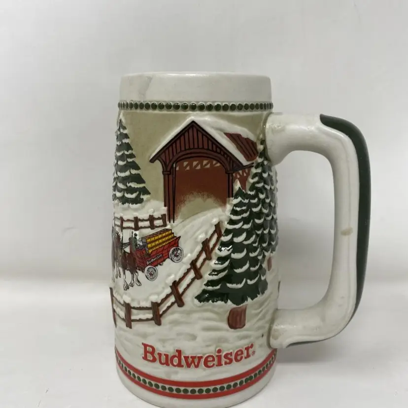 Budweiser Christmas Beer Stein Holiday Vintage 1984 Mug Bridge Clydesdale Hitch