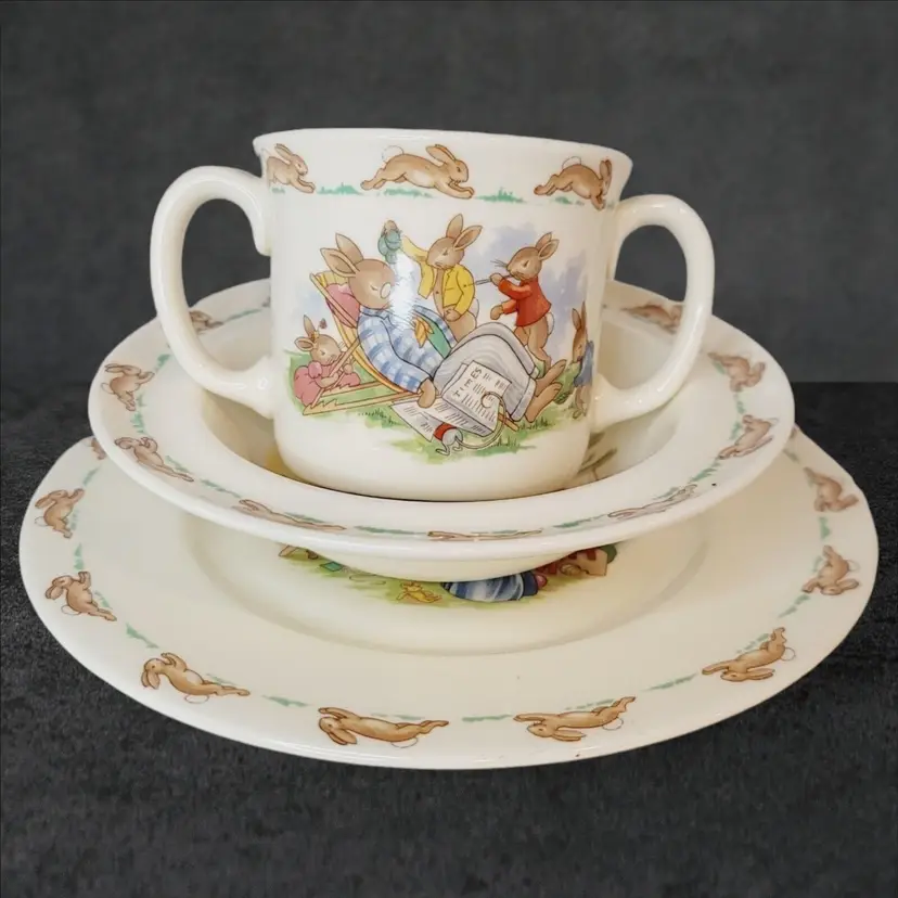 Vintage Royal Doulton Bunnykins Dinnerware Lot of 3 Plate, Bowl, And Cup