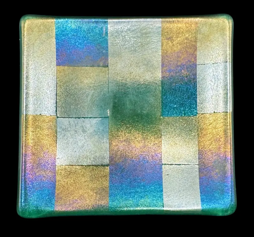 Signed Pollock Fused Studio Art Glass Plate Plaid Aqua Iridescent Square 5.75”