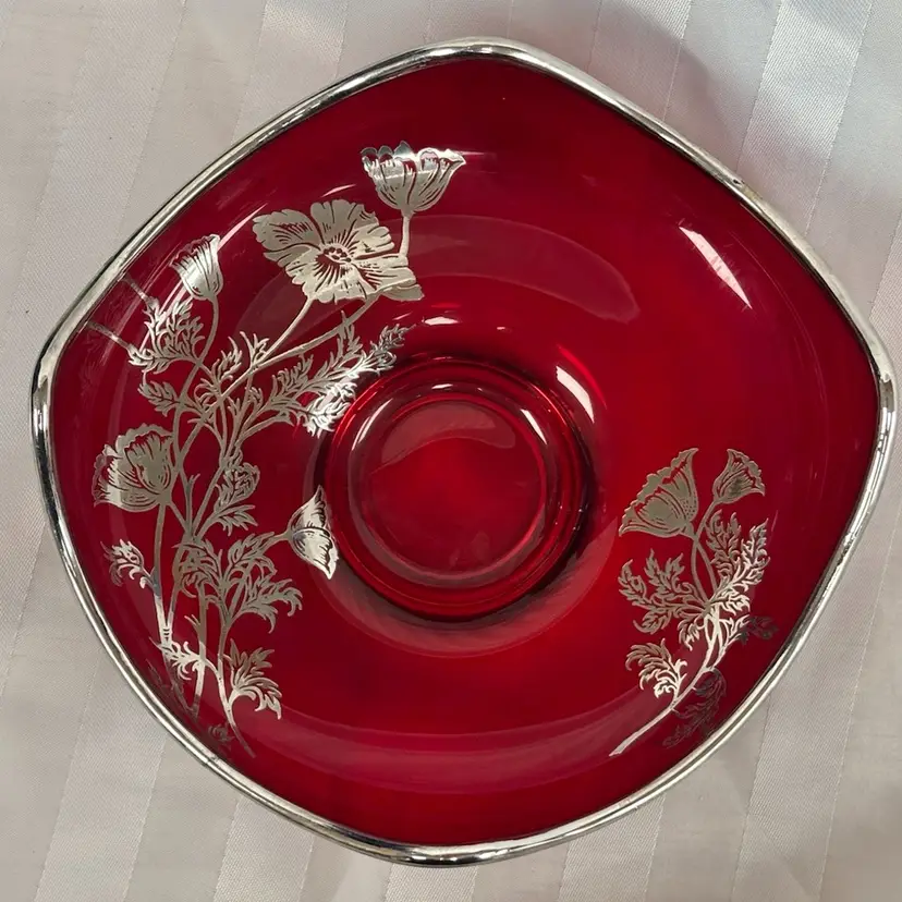 Vintage Viking Silver City Collaboration Peonies Ruby Red Floral Silver Overlay Bowl GORGEOUS
