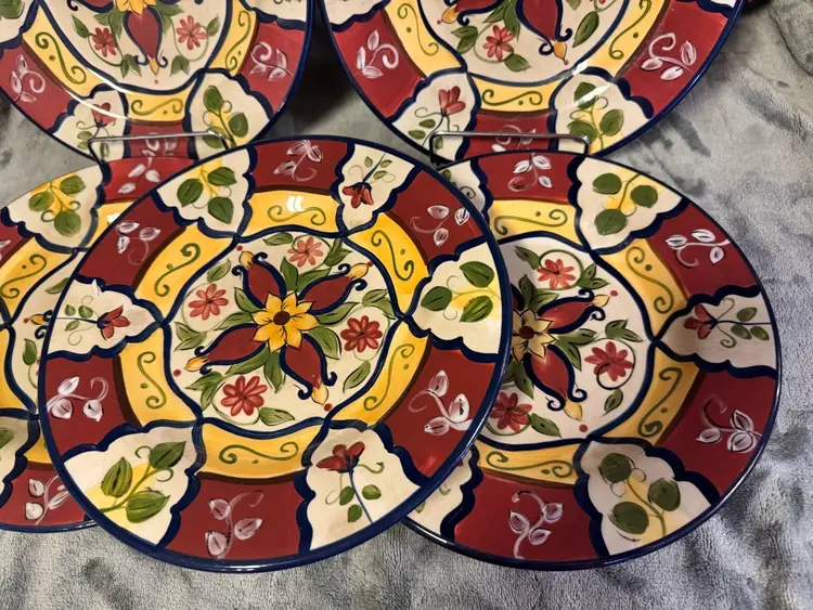 Set 7 Pier 1 One Hand Painted Earthenware Salad Side Plates 9” Vallarta Red EUC