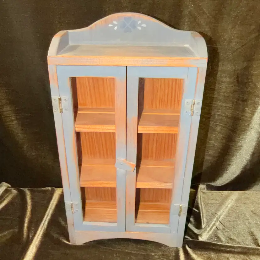 Cottage Core Blue Distressed Wood Display Cabinet With Glass Doors ~16.5”x9”x4”