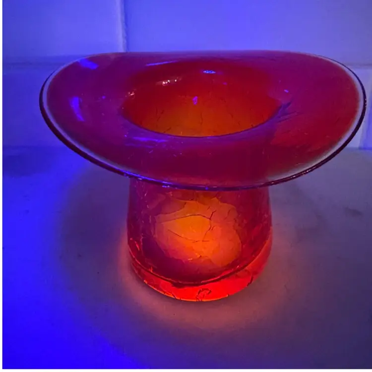 Vintage Hand blown Crackle Amberina Top Glass Glow Bottom