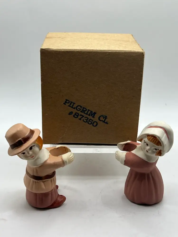 Set Of Bisque Ceramic Pilgrim Children Candlestick Holders In Original Box
